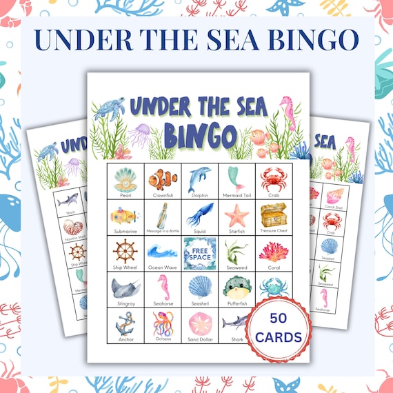 Under the Sea Bingo Game - Kids Ocean Theme Party Game, 50 Printable Cards Instant Download
