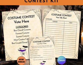 Editable Halloween Costume Contest Kit, Costume Voting Ballots, Vote Here Sign, Tally Sheet, Adult Halloween Party, Canva Template