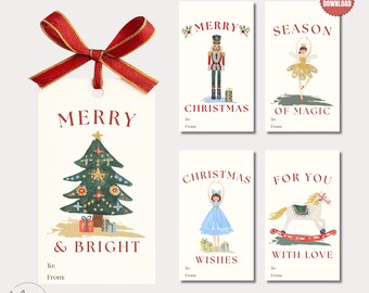 Printable Christmas Gift Tags Bundle, Nutcracker Ballet Gift Tags, Watercolor Holiday Tags, 5 Designs, Instant Download