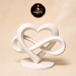 May include: A white 3D printed sculpture featuring an intertwined heart and infinity symbol shape mounted on a circular base. Above the sculpture is a circular logo with a gold border containing the text ProjectTS 3D Print.