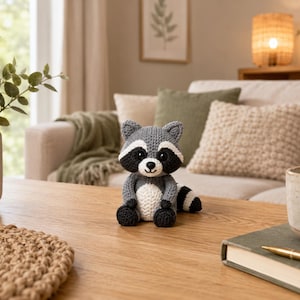 Puede incluir: Una muñeca de mapache hecha a mano con detalles grises, negros y blancos está sentada sobre una mesa de madera. El mapache tiene una máscara negra, una barriga blanca y una cola a rayas. El fondo incluye un sofá, cojines y una planta.