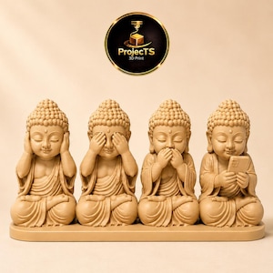 Four Wise Buddhas STL File – See No Evil Hear No Evil Speak No Evil & Phone Buddha – Zen Decor – Commercial License