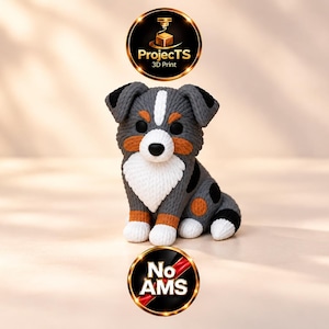 May include: A 3D printed figurine of a sitting Australian Shepherd puppy with grey, white, and tan fur, black spots, and black eyes. Above the puppy is a circular logo with the text ProjectTS 3D Print, and below is a circular logo with the text No AMS.
