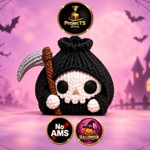 May include: A 3D printed figurine of a grim reaper character with a white skull face, large black eyes, and a black hooded cloak. The figure holds a brown staff with a silver scythe blade. The image includes circular logos with text.