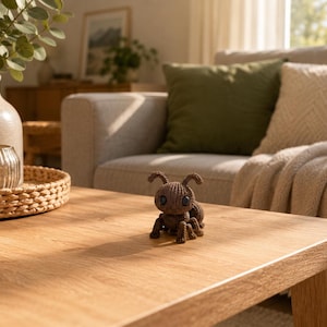 May include: A brown crocheted ant figurine sits on a wooden coffee table. The ant has two antennae and six legs. A beige sofa with green and beige pillows and a woven tray with a vase and candle holder are in the background.