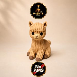 May include: A tan, 3D-printed alpaca figurine with a textured, knit-like surface, dark brown hooves, and large black eyes. Above the figurine is a circular logo reading ProjectTS 3D Print, and below is a circular logo reading No AMS.