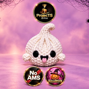 May include: A cream-colored crocheted ghost plushie with a pointed top, two large black circular eyes, and a small pink tongue sticking out. The ghost has two small rounded arms on its sides and a textured yarn surface throughout its body.