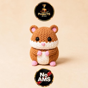 May include: A brown and white crocheted hamster figurine with pink accents on the ears, nose, hands, and feet, featuring black bead eyes. Above the hamster is a circular logo reading ProjectTS 3D Print, and below is a circular logo reading No AMS.