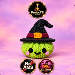 May include: A round, lime green crocheted plush toy with black eyes, a small black smile, and pink cheeks. It wears a black crocheted witch hat with a dark red band and a yellow buckle. Above it is a ProjectTS 3D Print logo, and below are No AMS and Halloween icons.