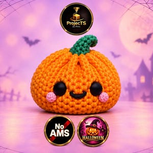 May include: A crocheted orange pumpkin with a green stem, black circular eyes, a small black stitched mouth, and two small pink crocheted circles on the cheeks. The image includes circular logos with the text ProjectTS, No AMS, and HALLOWEEN.