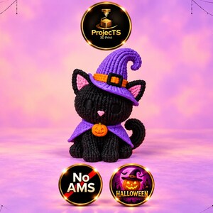 Knitted Witch Cat STL File – Cute Halloween Black Cat – Witch Hat Decor – 3D Printable – Commercial License