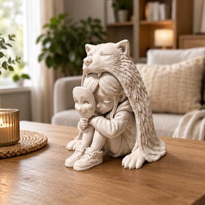 Könnte beinhalten: Eine cremefarbene Skulptur einer Person, die eine Wolfskopfbedeckung trägt und eine lächelnde Maske hält. Die Figur sitzt und trägt Turnschuhe. Die Skulptur steht auf einem Holztisch, mit einer brennenden Kerze und einer Vase im Hintergrund.