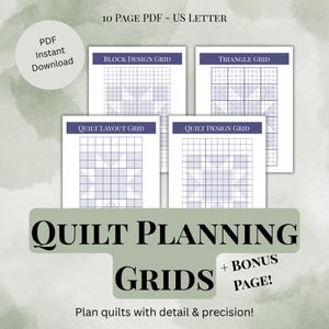 Paquete imprimible para planificación de acolchado / Cuadrículas de diseño de acolchado, papel cuadriculado triangular, tabla de tamaños de tela de respaldo