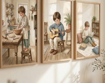 May include: Three framed wall art prints featuring illustrations of a child. The first shows a child kneading dough in a kitchen, the second shows a child playing an acoustic guitar, and the third shows a child sitting on a rug reading a book.