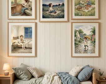 May include: Five framed watercolor prints hanging on a white paneled wall above a wooden daybed. The prints depict scenes of a child in a train, stargazing, picnicking, sitting on a bed, and walking in the rain with a yellow umbrella.