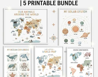 May include: A Little Explorers Collection 5 printable bundle featuring educational posters. Includes a world map with animals, a solar system diagram, ocean life illustrations, a world map with continents, and a map labeling the seven continents.