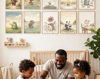 May include: A set of 10 framed wall art prints featuring watercolor illustrations of animals including a bear, fox, rabbit, duck, koala, frog, elephant, hedgehog, panda, and cat. The text MEGA BUNDLE - SET OF 10 is displayed above the prints.