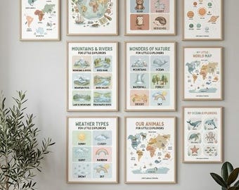 May include: A mega bundle of 10 educational posters titled The Complete Little Explorers Educational Collection. The posters feature illustrations of world maps, animals, the solar system, weather, and nature, all displayed in light wood frames.