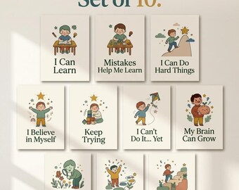 May include: A set of ten educational wall art prints titled Mega Bundle. Each print features a cartoon illustration of a child with motivational text including I Can Learn, Mistakes Help Me Learn, I Can Do Hard Things, I Believe in Myself, Keep Trying, I Can't Do It... Yet, My Brain Can Grow, Be Curious, Celebrate Progress, and One Step at a Time.