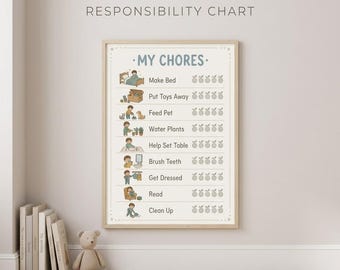 May include: A framed responsibility chart titled MY CHORES with illustrations for tasks including making the bed, putting toys away, feeding a pet, watering plants, setting the table, brushing teeth, getting dressed, reading, and cleaning up.