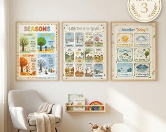 Seasons and Weather Bundle Printable, Months of the Year Poster, Preschool Learning Wall Art Set of 3