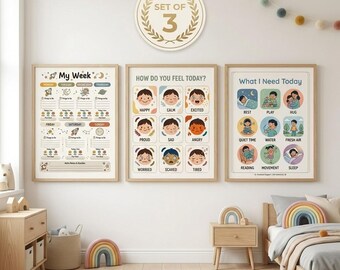 May include: A set of three educational wall posters featuring a weekly planner titled My Week, an emotion chart titled How Do You Feel Today, and a needs chart titled What I Need Today, all displayed in light wood frames with colorful illustrations.