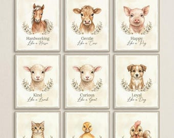 May include: A bundle of 9 printable posters titled Farm Animals Bundle, featuring watercolor illustrations of a horse, cow, pig, lamb, goat, dog, cat, duck, and rooster. Each poster includes a specific animal name and a descriptive phrase below it.