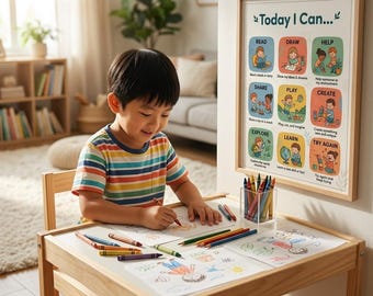 May include: A wooden desk with a child drawing on paper using crayons. A clear cup holds colorful crayons. A framed poster on the wall features the text Today I Can... with nine illustrated squares showing activities like Read, Draw, Help, Share, Play, Create, Explore, Learn, and Try Again.