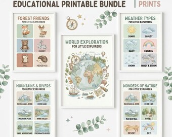 May include: A set of five educational printable wall art posters titled Little Explorers. The prints feature illustrations of forest animals, weather types, world maps, mountains, rivers, and nature wonders with text labels in a soft, muted color palette.
