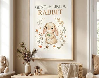 May include: A framed wall art print featuring a light brown rabbit illustration holding a green sprig, surrounded by small mushrooms, leaves, and stars. The text GENTLE LIKE A RABBIT is printed in dark brown at the top of the cream-colored background.