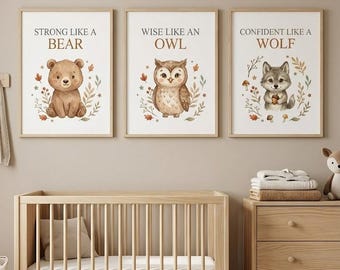 Woodland Character Traits Bundle Printable, Bear Owl Wolf Nursery Wall Art Set, Forest Animal Posters, Woodland Decor, Set of 3 Prints