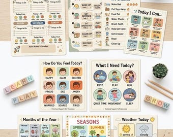 May include: A collection of educational charts for children including a weekly planner, daily routine, chore list, emotion and weather trackers, and seasonal calendars. The charts feature colorful illustrations, text labels, and icons to help organize daily activities and emotional awareness.