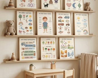 May include: A collection of eleven educational wall posters featuring illustrations of numbers, colors, shapes, nature, body parts, vehicles, weather, opposites, foods, and seasons, displayed on three wooden shelves above a small wooden table and chair.