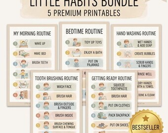 May include: A bundle of five printable routine charts titled Little Habits Bundle. Each chart features numbered steps with illustrations and text for morning, bedtime, hand washing, tooth brushing, and getting ready routines in soft pastel colors.