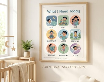 May include: A framed wall print titled What I Need Today featuring nine illustrated circles with activities including rest, play, hug, quiet time, water, fresh air, reading, movement, and sleep, with the text Emotional Support | Self-Awareness below.