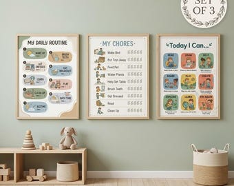 May include: A set of three framed wall posters featuring educational charts for children. The posters are titled My Daily Routine, My Chores, and Today I Can, each displaying colorful illustrations and text to guide daily activities and tasks.