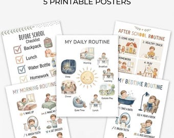 May include: A set of five printable posters titled Little Routines, featuring illustrated daily schedules for children. The posters include Before School Checklist, My Daily Routine, After School Routine, My Morning Routine, and My Bedtime Routine with text and colorful drawings.