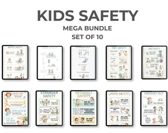 Kids Safety Posters Mega Bundle | 10 Printable Safety Posters | Fire, Bike, Internet, Sun & Stranger Safety | Preschool Classroom Decor PDF