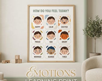 May include: A wall print titled HOW DO YOU FEEL TODAY? featuring nine illustrated faces in rounded squares. Each face depicts a different emotion labeled happy, calm, excited, proud, sad, angry, worried, scared, and tired with colorful accents.