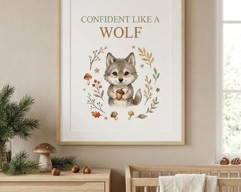 May include: A framed wall art print featuring a cartoon wolf cub holding an acorn, surrounded by a wreath of autumn leaves, berries, and mushrooms. The text above the illustration reads CONFIDENT LIKE A WOLF in grey and brown lettering.