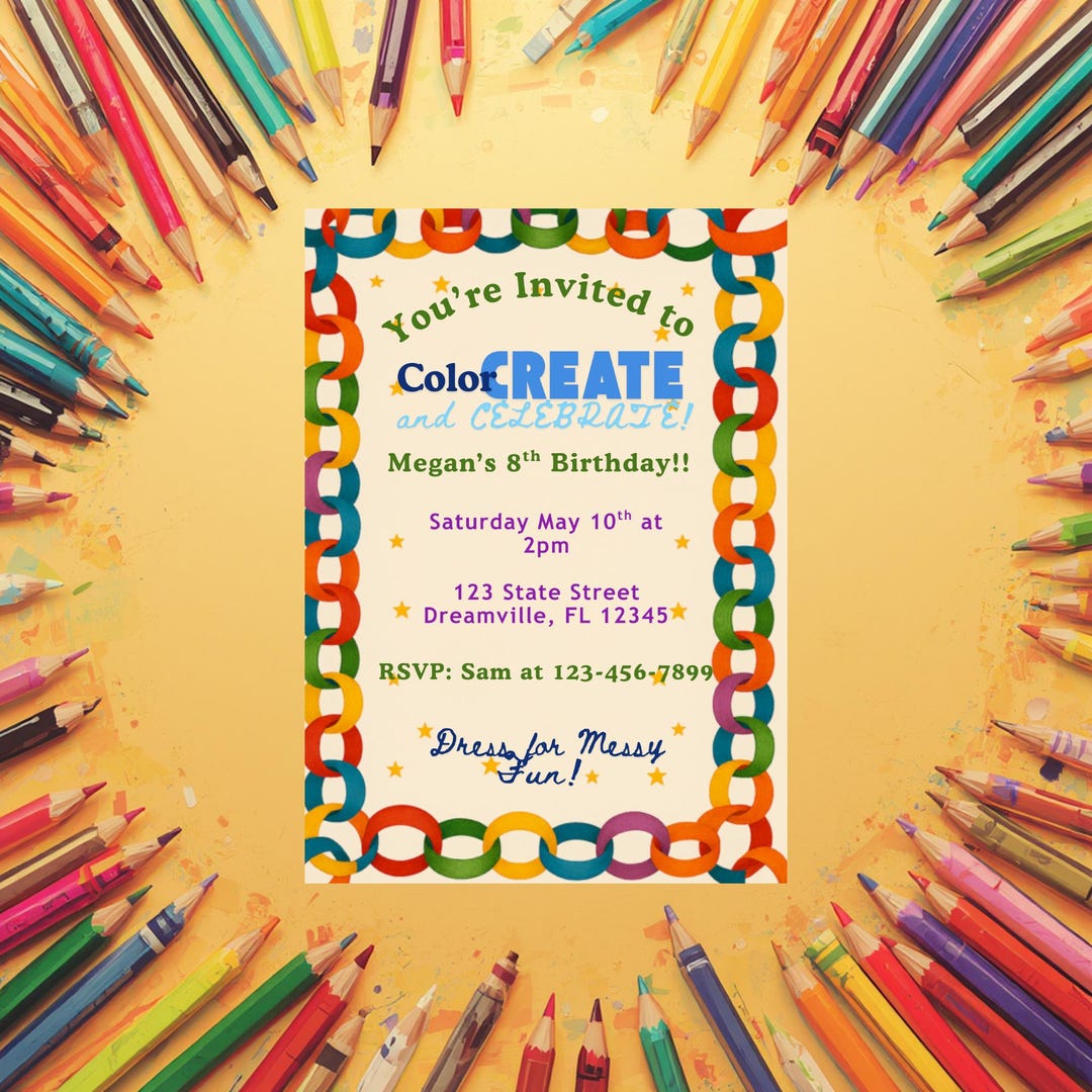 Kids Birthday Invitation Craft Party Theme Colorful Art DIY Evite ...