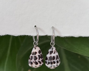 Real Natural Black and White Hebrew Seashell Silver Huggie Earrings: waterproof Hawaiian Earrings