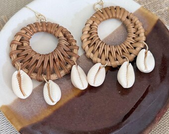 Cowrie Seashell Rattan Earrings