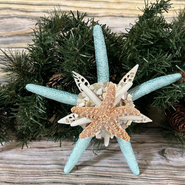 Beach Decor Tropical Coastal Starfish with Crushed Seashells Christmas Tree Topper, Small Beach Theme Christmas Tree Decorations, Starfish