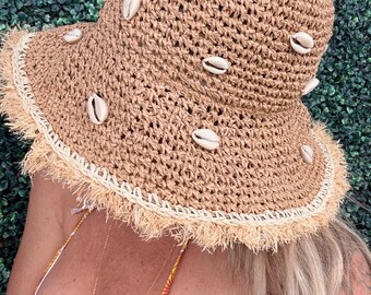Cowrie Seashell Bucket Straw Hat