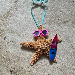 Sugar Starfish Surfer Ornaments, Fun Beach Themed Christmas Tree Ornaments, Surfboard Gift Ideas Pink Blue Surf- Pink