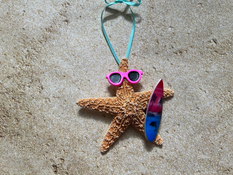 Sugar Starfish Surfer Ornaments, Fun Beach Themed Christmas Tree Ornaments, Surfboard Gift Ideas Pink Blue Surf- Pink