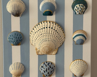 Painted Seashells on Canvas, Hand Painted Shell Art 10x10