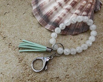 White Crackled Quartz Bead Key Ring, Bangle Key Ring, Elastic Cute Key Ring, Bangle Chain for Keys, Wristlet