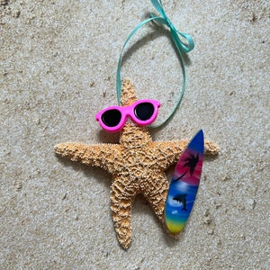 Sugar Starfish Surfer Ornaments, Fun Beach Themed Christmas Tree Ornaments, Surfboard Gift Ideas Blue Pink Sunset